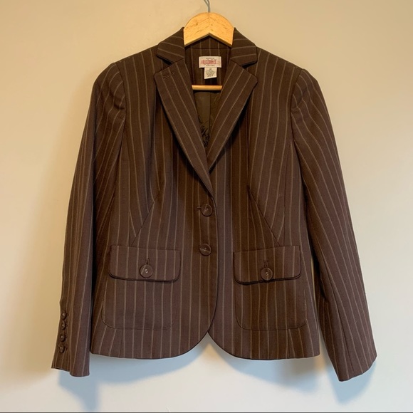 ANN TAYLOR wool blend Blazer Suit Jacket Brown Pin Stripe Career Work Size 8P - Picture 1 of 10